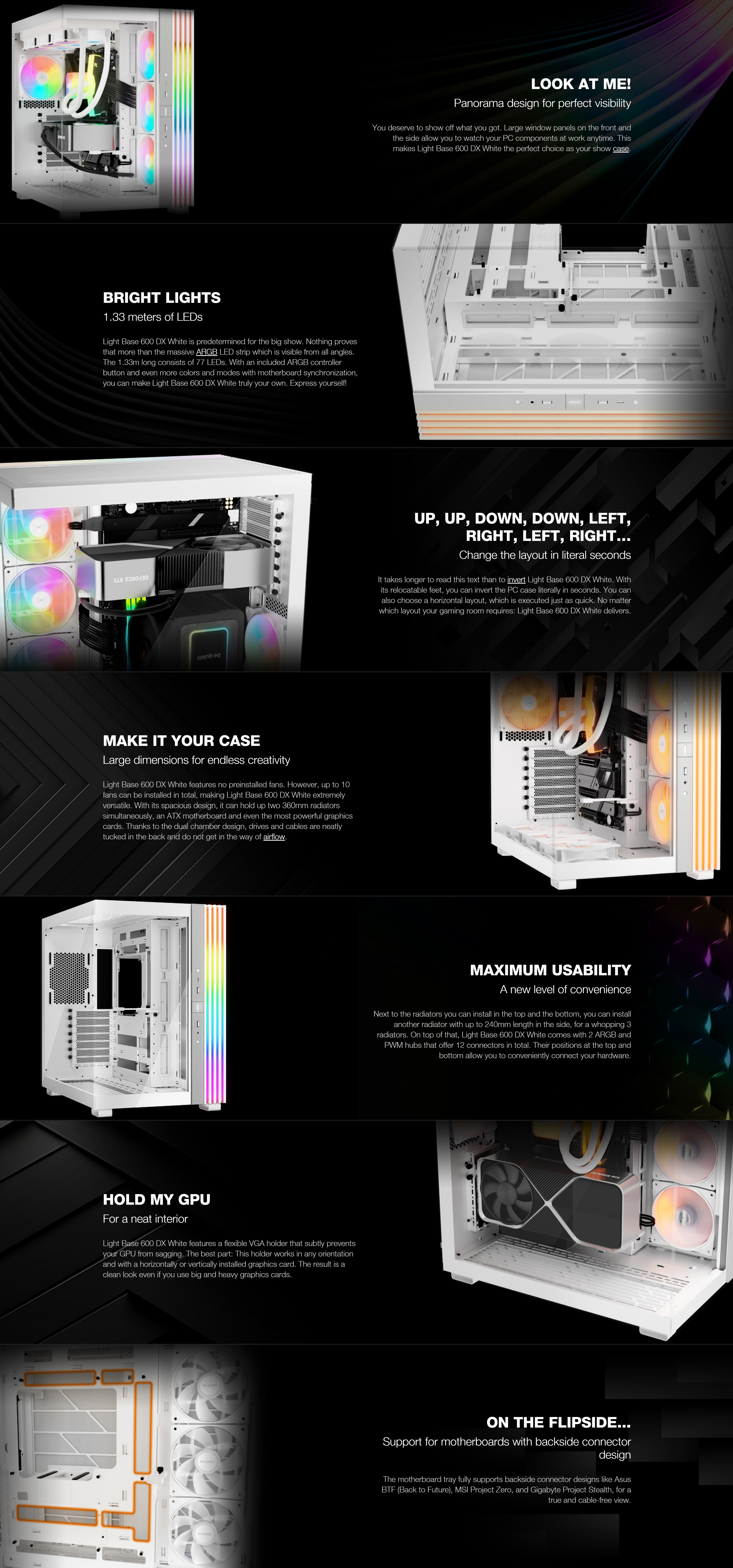 A large marketing image providing additional information about the product be quiet! LIGHT BASE 600 DX Mid Tower Case - White - Additional alt info not provided